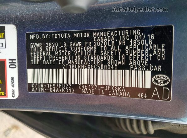2T1BURHEXGC588040 2016 TOYOTA COROLLA Charcoal Вид підкапотного простору
