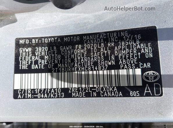 2T1BURHEXHC814837 2017 TOYOTA LL Gray Շարժիչի բաժամունքի տեսք