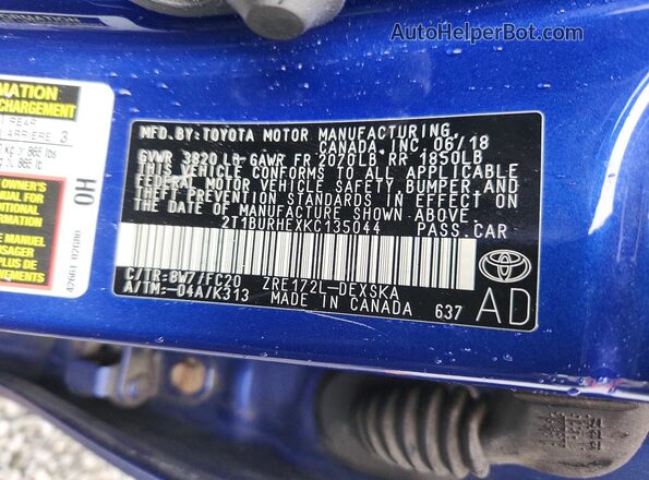 2T1BURHEXKC135044 2019 TOYOTA COROLLA Blue ძრავის განყოფილების ხედი