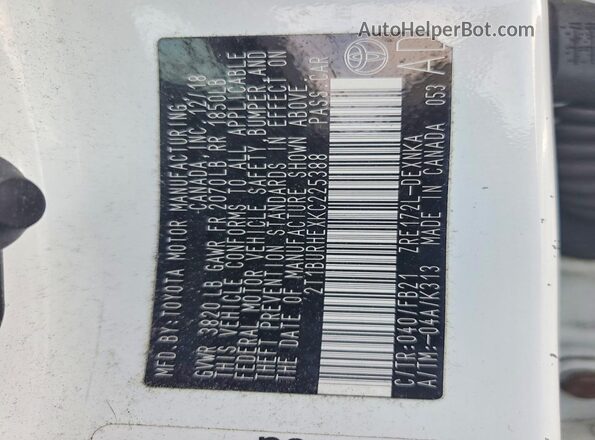 2T1BURHEXKC225388 2019 TOYOTA COROLLA White Vista del compartimento del motor