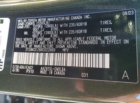 2T2AKCEZ6RC022669 2024 LEXUS NX Green Widok naklejki z numerem VIN