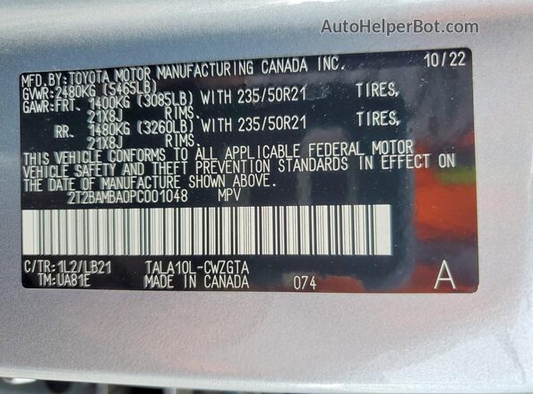 2T2BAMBA0PC001048 2023 LEXUS RX Silver Vista de la etiqueta del VIN