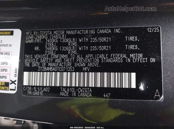 2T2BAMBA0TC071353 2026 LEXUS RX 350 Gray Vista del compartimento del motor