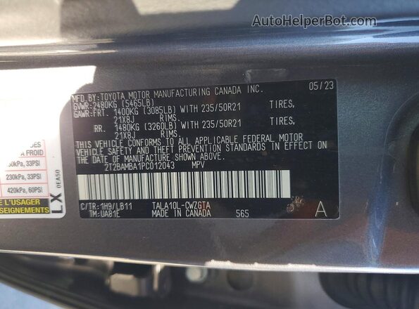 2T2BAMBA1PC012043 2023 LEXUS RX Gray Widok naklejki z numerem VIN