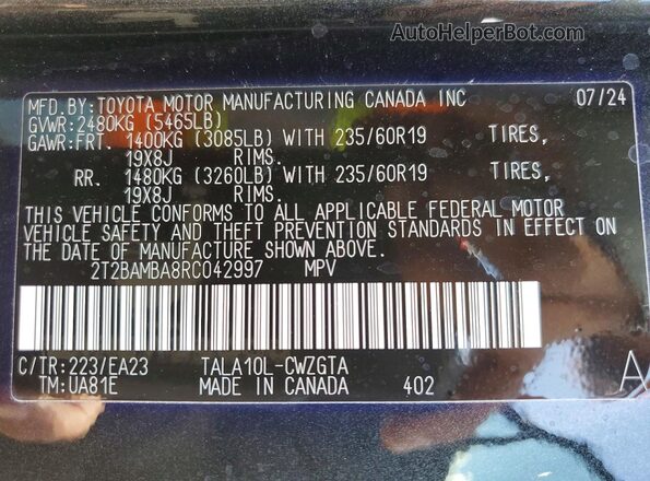 2T2BAMBA8RC042997 2024 LEXUS RX Черный Вид наклейки с VIN-кодом