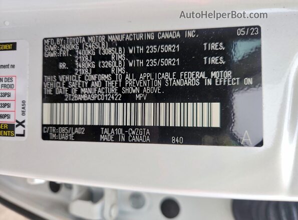 2T2BAMBA9PC012422 2023 LEXUS RX White VIN sticker view