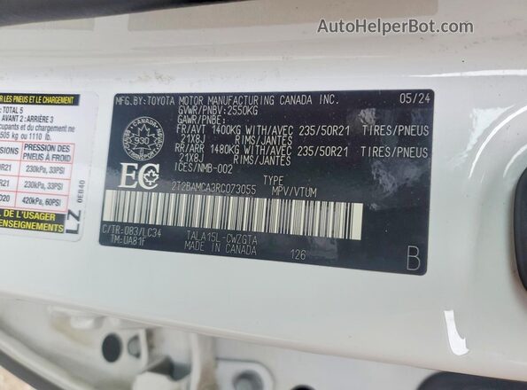 2T2BAMCA3RC073055 2024 LEXUS RX White Widok naklejki z numerem VIN