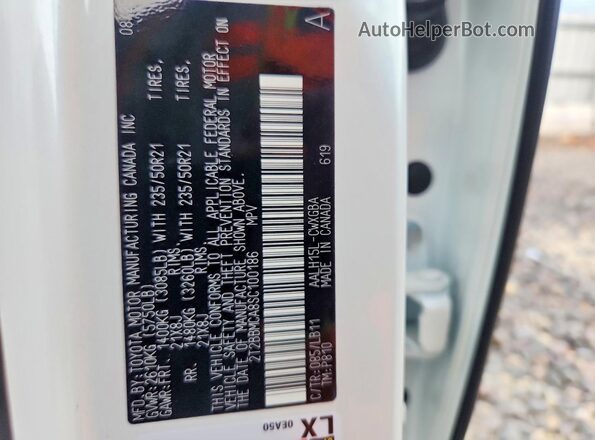 2T2BBMCA8SC100186 2025 LEXUS RX White Widok naklejki z numerem VIN