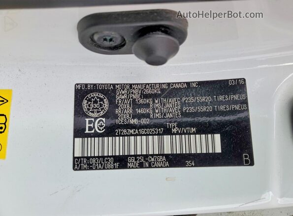 2T2BZMCA1GC025317 2016 LEXUS RX White Vista de la etiqueta del VIN