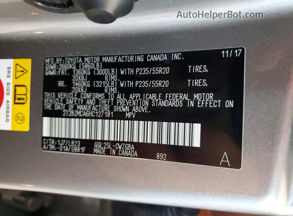 2T2BZMCA6HC127181 2017 LEXUS RX Серебряный Панорамный вид салона 360°