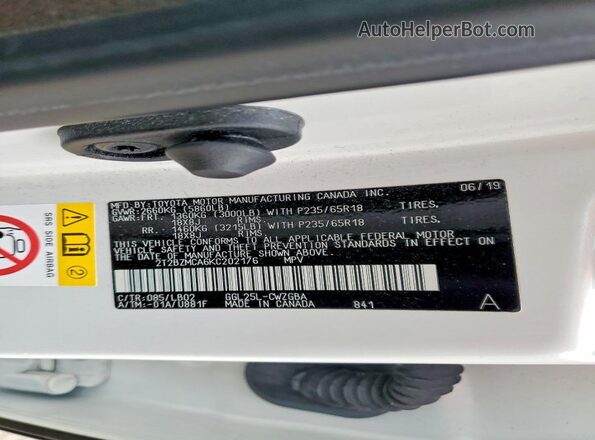 2T2BZMCA6KC202176 2019 LEXUS RX Белый Вид наклейки с VIN-кодом