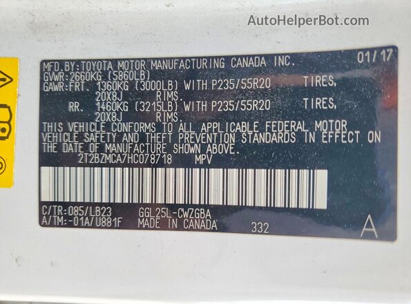 2T2BZMCA7HC078718 2017 LEXUS RX Белый Вид наклейки с VIN-кодом