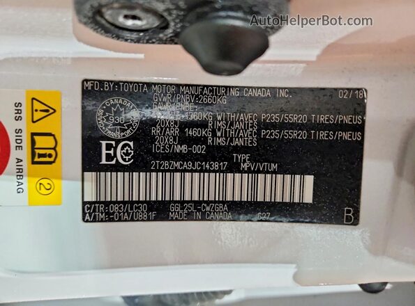2T2BZMCA9JC143817 2018 LEXUS RX Белый Панорамный вид салона 360°