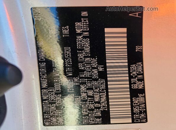 2T2HZMAA0LC166287 2020 LEXUS RX White VIN sticker view