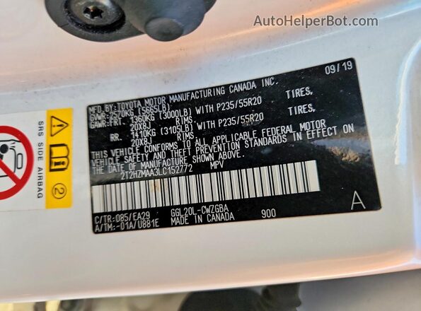 2T2HZMAA3LC152772 2020 LEXUS RX Белый Панорамный вид салона 360°
