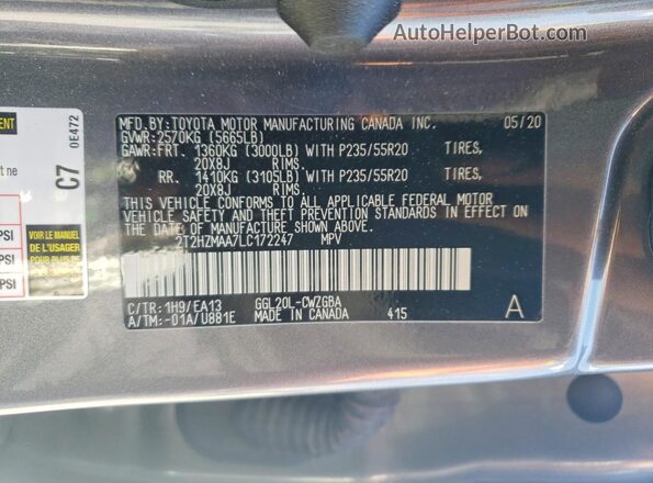 2T2HZMAA7LC172247 2020 LEXUS RX Серый Вид наклейки с VIN-кодом