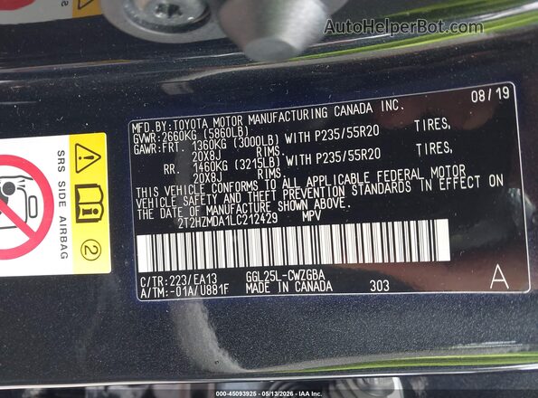 2T2HZMDA1LC212429 2020 LEXUS RX 350 Black Engine compartment view