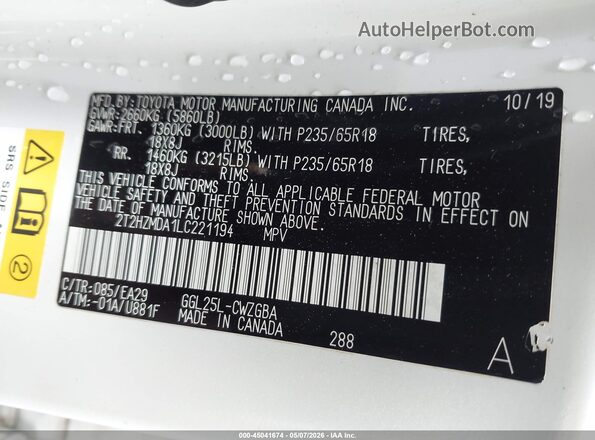 2T2HZMDA1LC221194 2020 LEXUS RX 350 Белый Вид подкапотного пространства