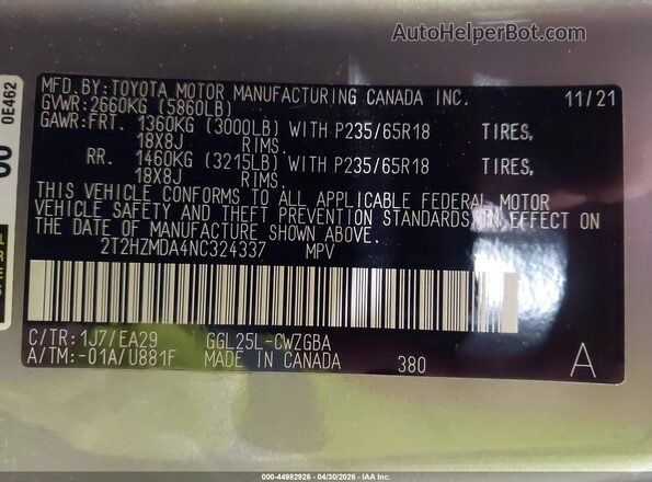 2T2HZMDA4NC324337 2022 LEXUS RX 350 Pewter Widok komory silnika