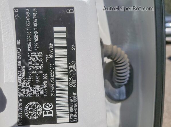 2T2HZMDA5LC221313 2020 LEXUS RX White VIN კოდის სტიკერის ხედი