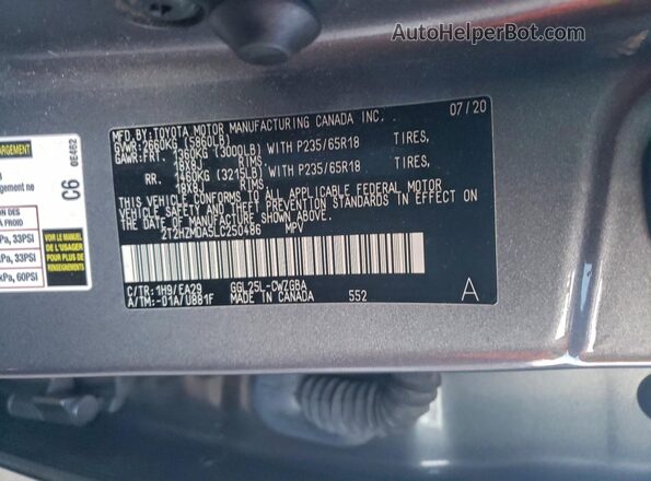 2T2HZMDA5LC250486 2020 LEXUS RX Gray Widok wnętrza 360 stopni