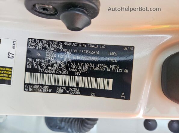 2T2JZMDA9LC246054 2020 LEXUS RX Белый Вид наклейки с VIN-кодом