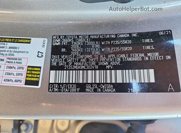 2T2SZMDA9MC302418 2021 LEXUS RX Серебряный Панорамный вид салона 360°