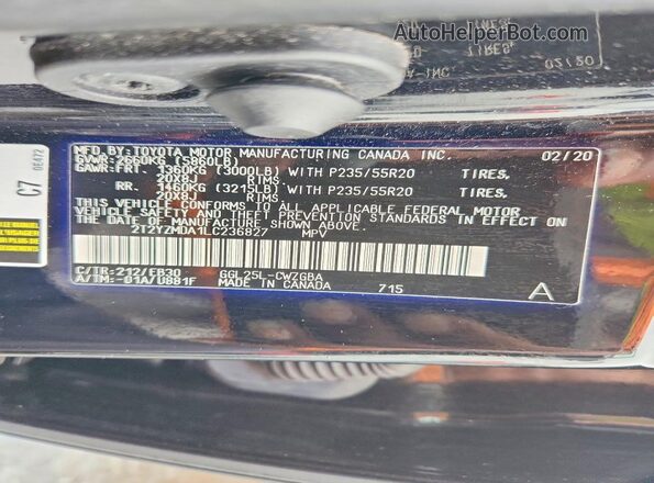 2T2YZMDA1LC236827 2020 LEXUS RX Black Vista de la etiqueta del VIN