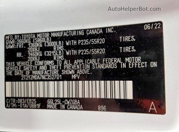 2T2YZMDA7NC352701 2022 LEXUS RX White Widok wnętrza 360 stopni