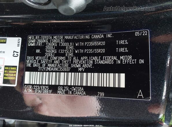 2T2YZMDAXNC350697 2022 LEXUS RX 350 Черный Вид подкапотного пространства