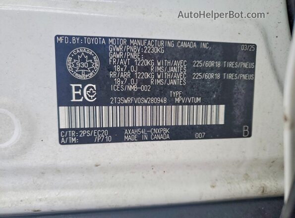 2T35WRFV0SW280948 2025 TOYOTA RAV4 White Widok naklejki z numerem VIN