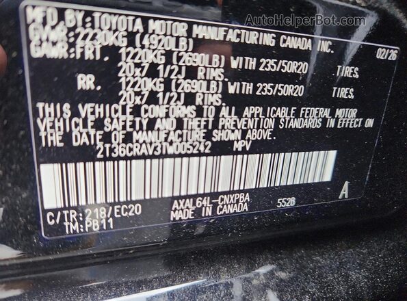2T36CRAV3TW005242 2026 TOYOTA RAV4 Черный Вид наклейки с VIN-кодом