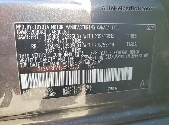 2T3A1RFV1SC542233 2025 TOYOTA RAV4 Charcoal VIN კოდის სტიკერის ხედი