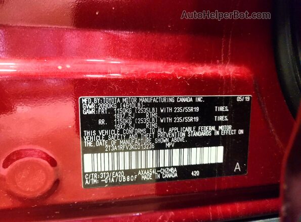 2T3A1RFV3KC013236 2019 TOYOTA RAV4 Burgundy Вид наклейки з VIN-кодом