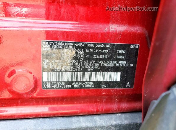2T3A1RFV3KC024172 2019 TOYOTA RAV4 Red VIN կոդի պիտակի տեսք