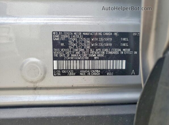 2T3A1RFV4SW593188 2025 TOYOTA RAV4 Silver VIN კოდის სტიკერის ხედი