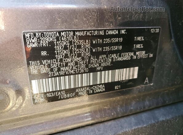 2T3A1RFV7MC173610 2021 TOYOTA RAV4 Серый Вид наклейки с VIN-кодом