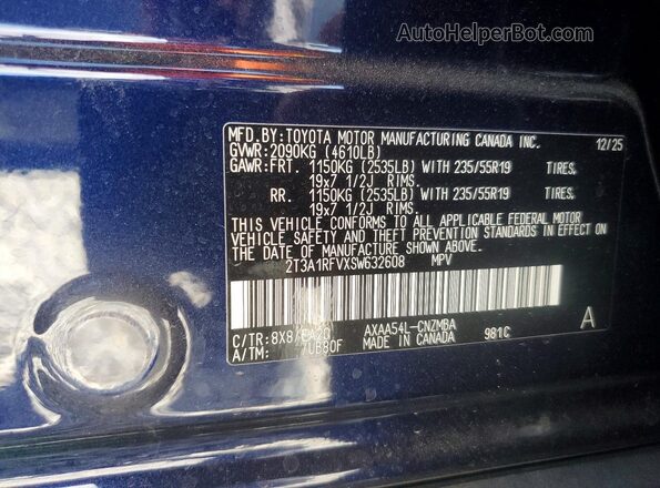 2T3A1RFVXSW632608 2025 TOYOTA RAV4 Blue Вид наклейки з VIN-кодом