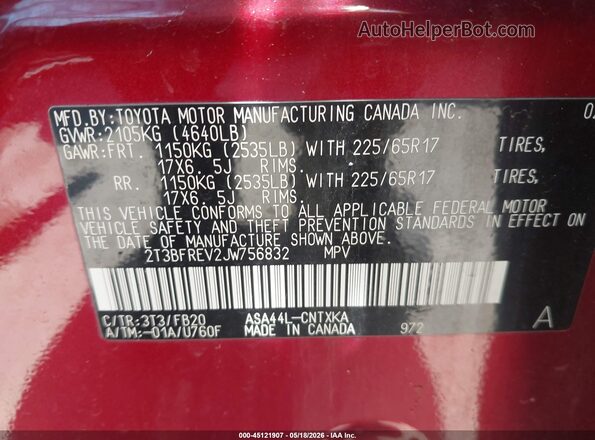 2T3BFREV2JW756832 2018 TOYOTA RAV4 Red Widok komory silnika