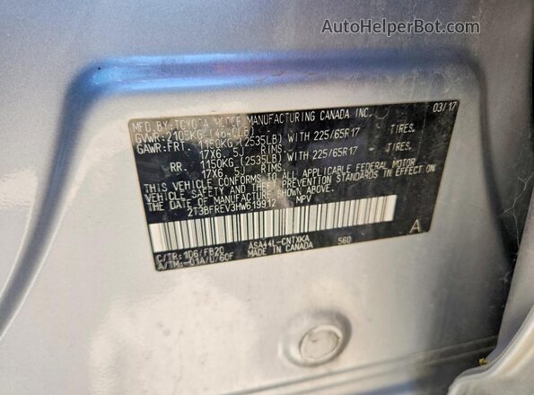 2T3BFREV3HW619912 2017 TOYOTA RAV4 Silver Vista de la etiqueta del VIN