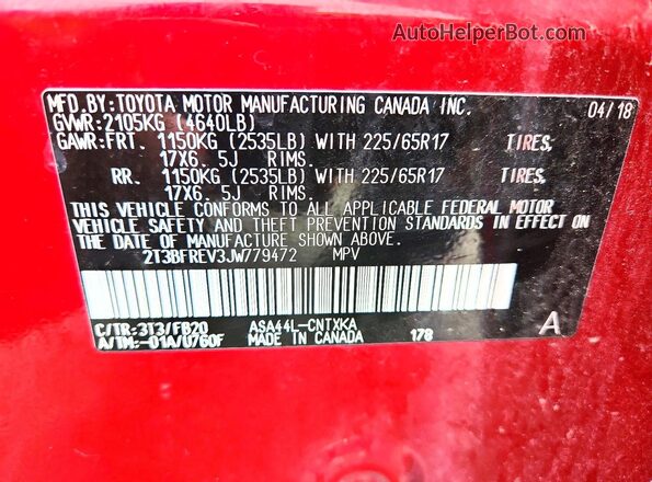 2T3BFREV3JW779472 2018 TOYOTA RAV4 Красный Вид наклейки с VIN-кодом