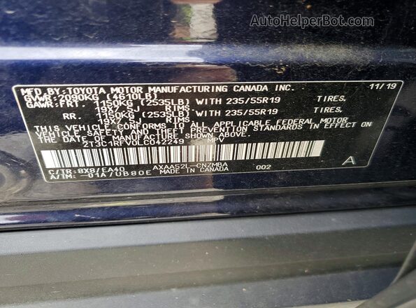 2T3C1RFV0LC042249 2020 TOYOTA RAV4 Blue Widok naklejki z numerem VIN