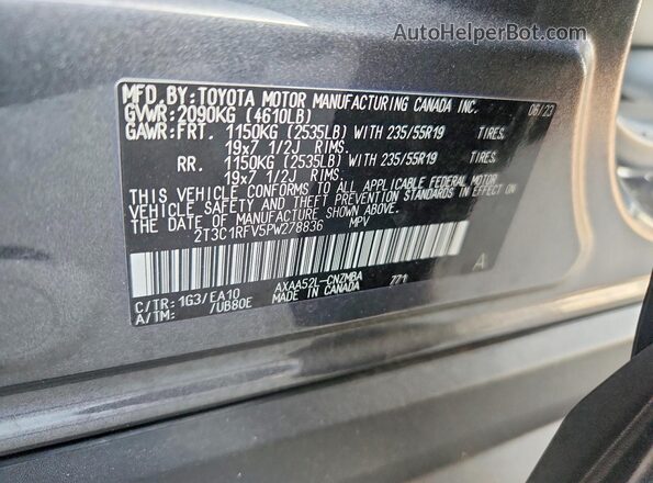 2T3C1RFV5PW278836 2023 TOYOTA RAV4 Gray Widok naklejki z numerem VIN