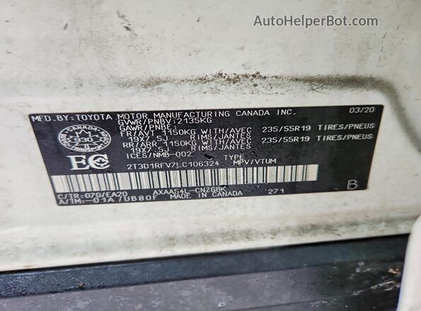 2T3D1RFV7LC106324 2020 TOYOTA LIMITED White Widok naklejki z numerem VIN