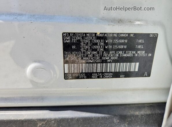 2T3D6RFV8MW025883 2021 TOYOTA RAV4 White Widok wnętrza 360 stopni
