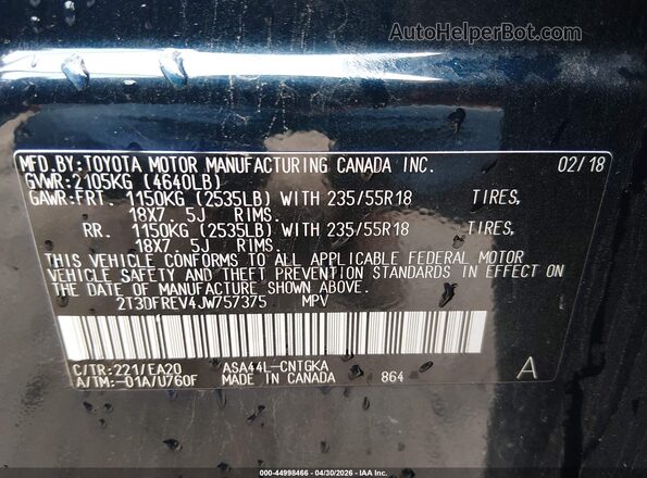 2T3DFREV4JW757375 2018 TOYOTA LIMITED Dark Blue Widok komory silnika