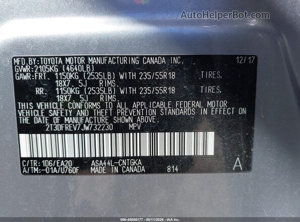 2T3DFREV7JW732230 2018 TOYOTA LIMITED Серебряный Вид подкапотного пространства