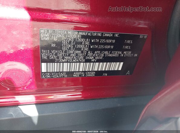 2T3DWRFV2LW047456 2020 TOYOTA LIMITED Красный Вид подкапотного пространства