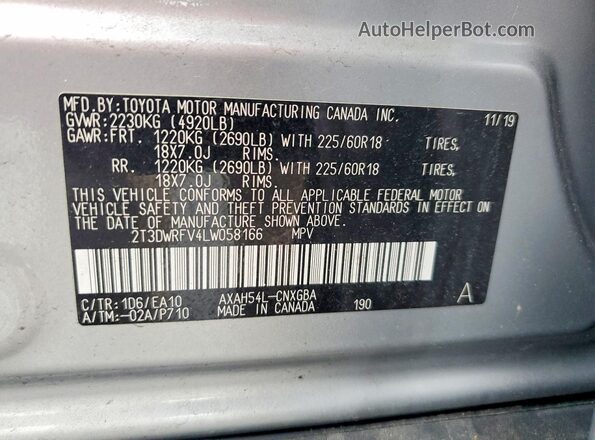2T3DWRFV4LW058166 2020 TOYOTA RAV4 Серебряный Вид наклейки с VIN-кодом