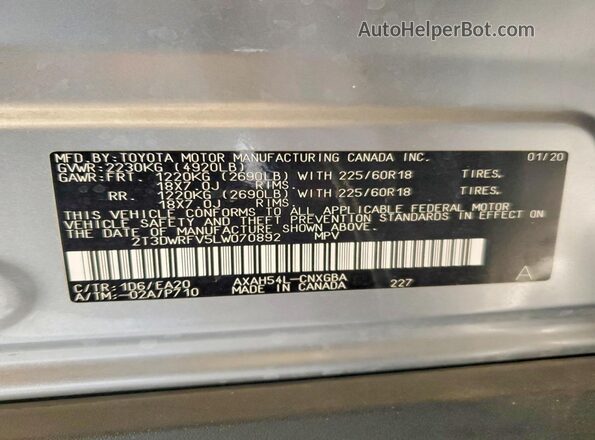 2T3DWRFV5LW070892 2020 TOYOTA RAV4 Серый Вид наклейки с VIN-кодом